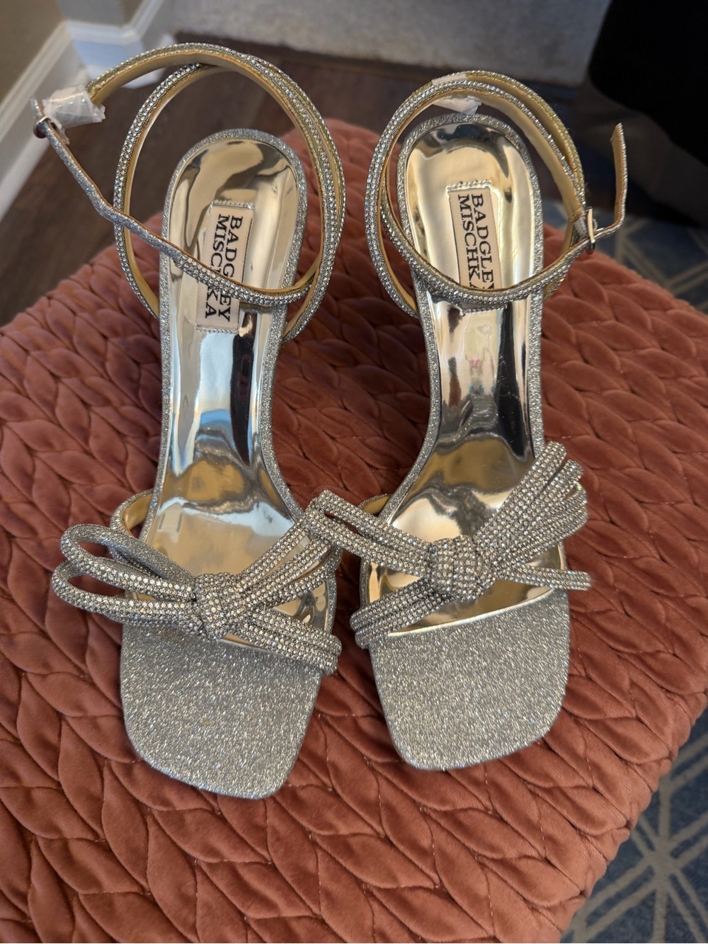 Badgley Mischka Silver Crystal Knot Ankle-Strap Heels